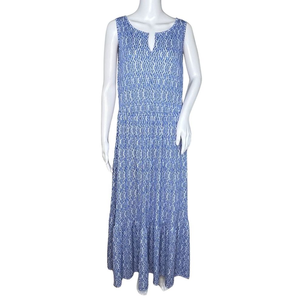 Chicos Dress Womens 12 14 Blue Geometric Ruffle Hem Tank Dress‎ Maxi Chic Casual